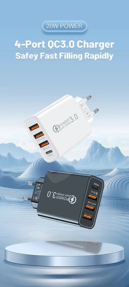 Total 60W USB C Charger Multi 4 Ports 3USB PD Type C Fast Charging Quick Charge Universal Travel Wall Power Adapter