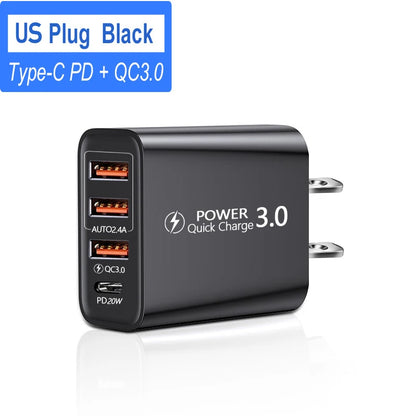 Total 60W USB C Charger Multi 4 Ports 3USB PD Type C Fast Charging Quick Charge Universal Travel Wall Power Adapter