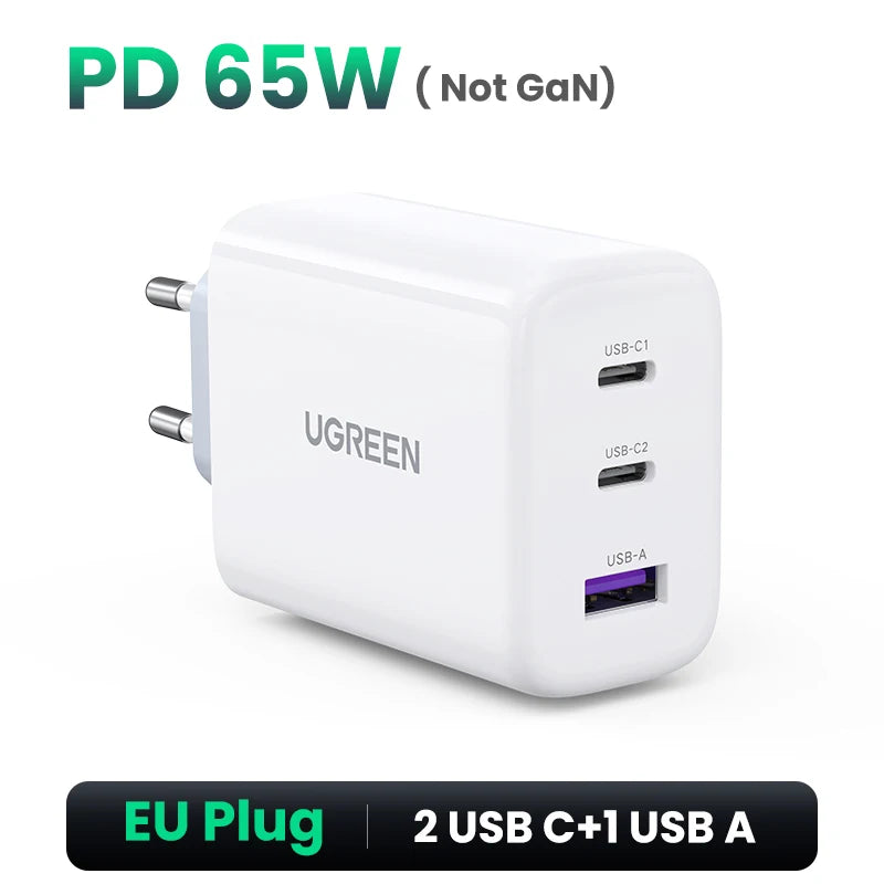 UGREEN 65W GaN Charger Quick Charge 4.0 3.0 USB C Charger for iPhone 17 16 15 Pro Max Laptop Macbook Air Tablet PD Fast Charger