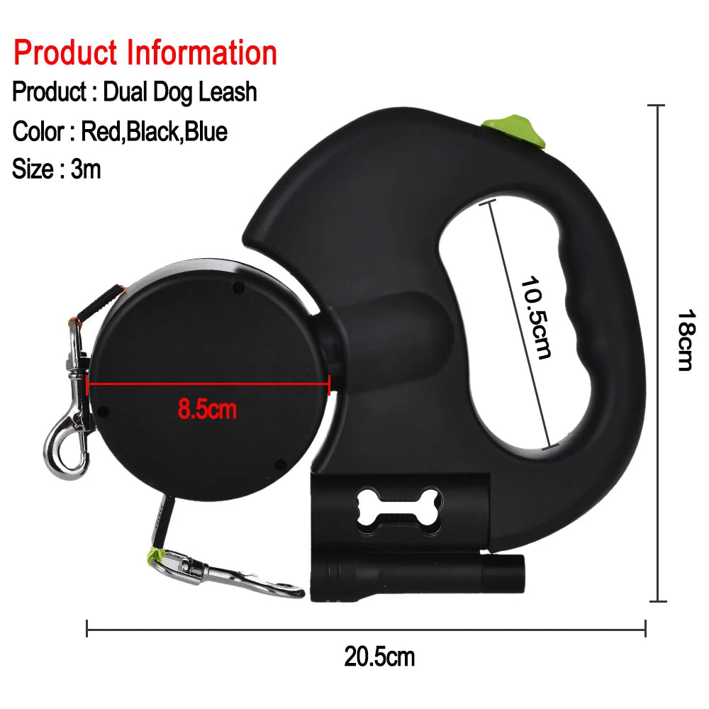 3m Retractable Double Dog Leash with Reflective Straps