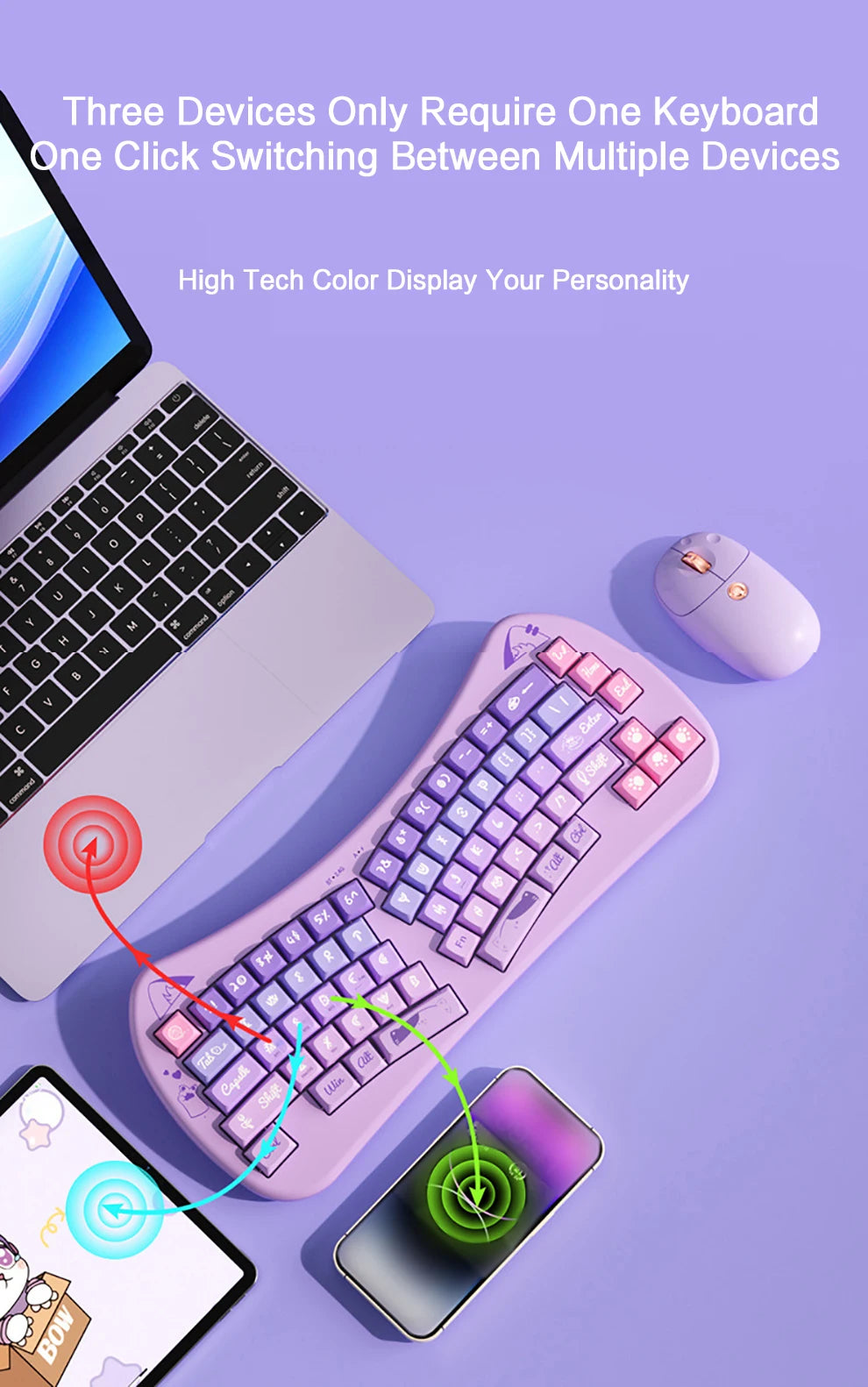 BOW Bluetooth USB Wireless Split Keyboard  68 Keys Multi Media Button Cute Cat Ergonomic  Keyboard for Win/Android/iOS/ OS