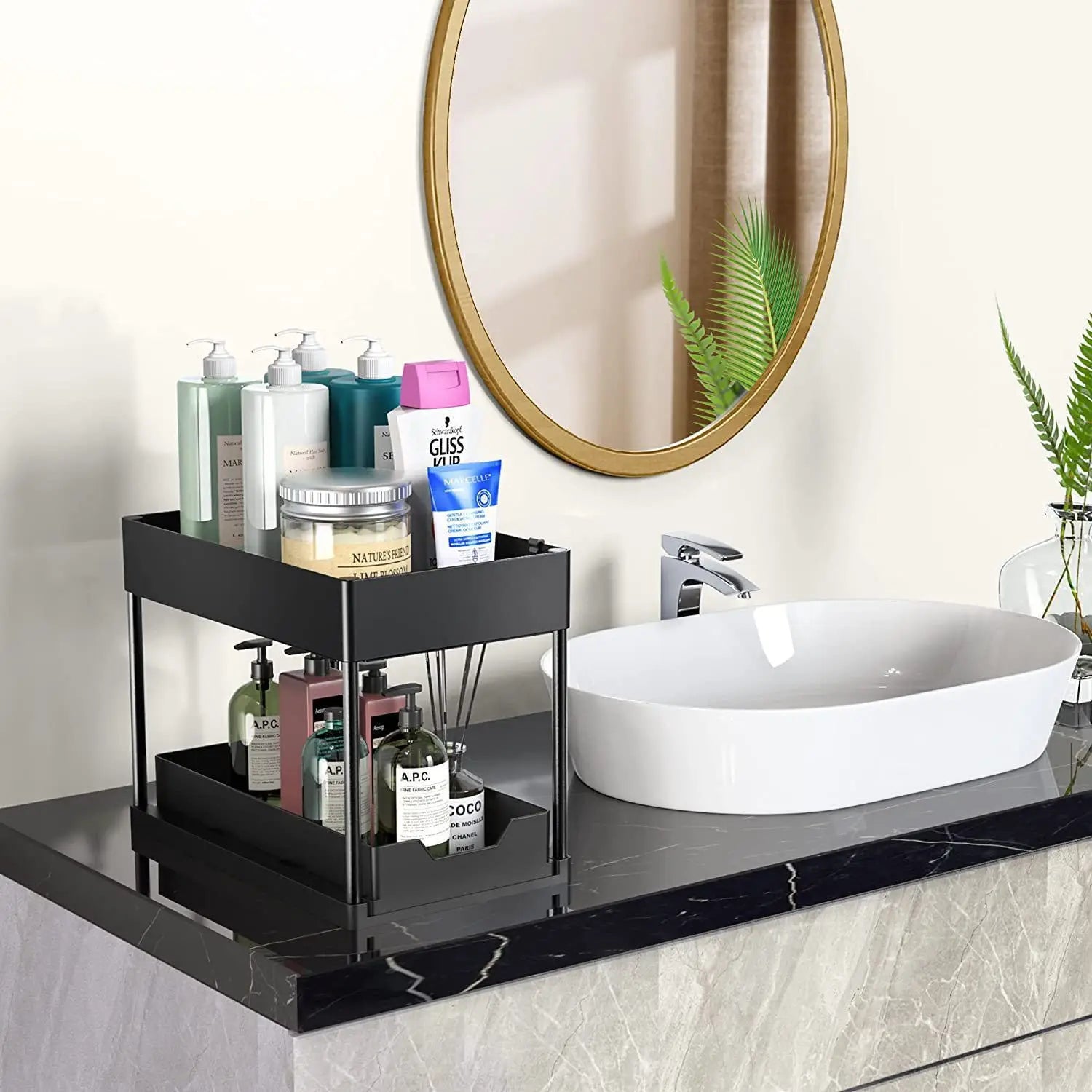 2-Tier Sliding Under Sink Organizer, Sliding Cabinet Basket with Hooks