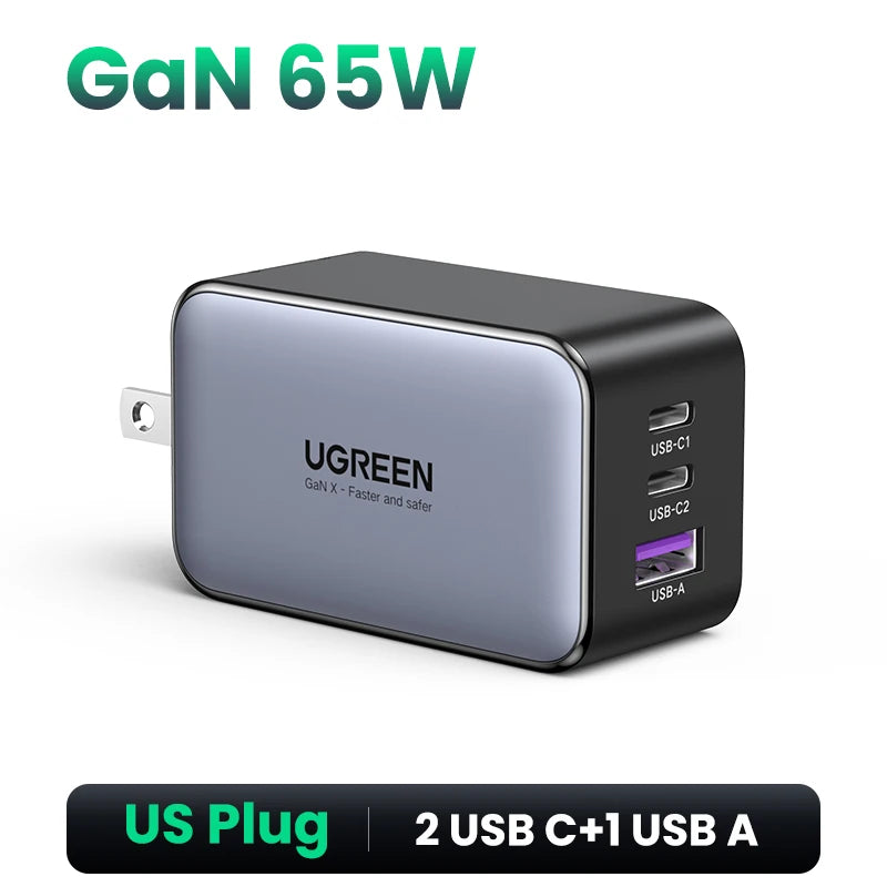 UGREEN 65W GaN Charger Quick Charge 4.0 3.0 USB C Charger for iPhone 17 16 15 Pro Max Laptop Macbook Air Tablet PD Fast Charger