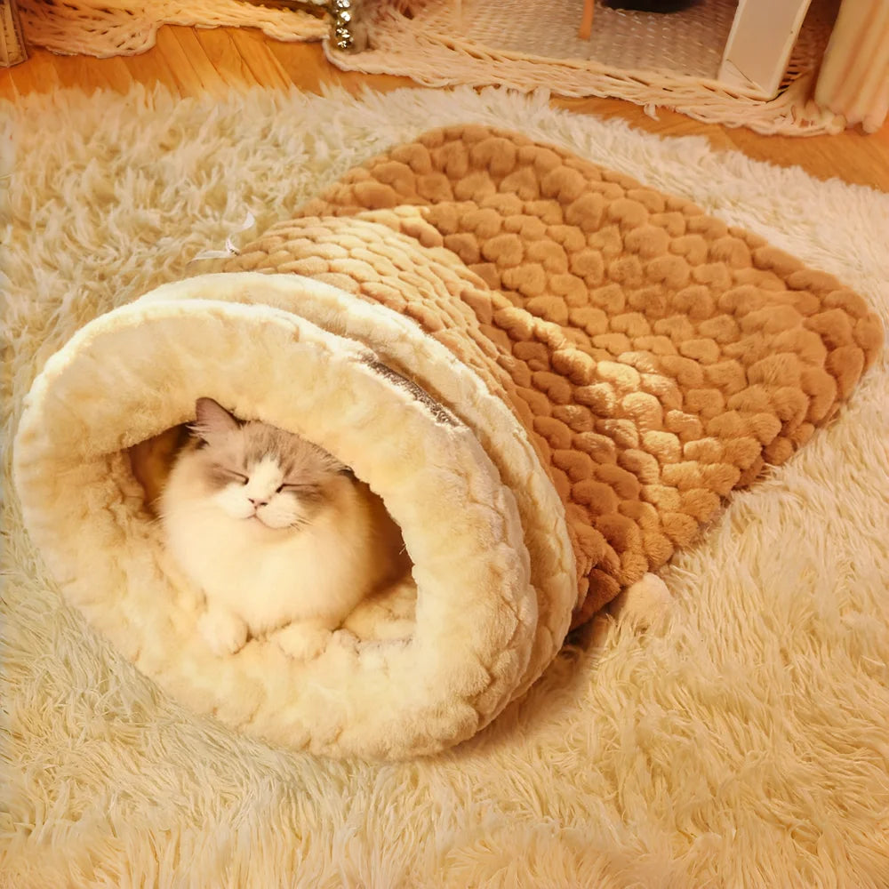 Enclosed Plush Cat Bed with Burrow Entry