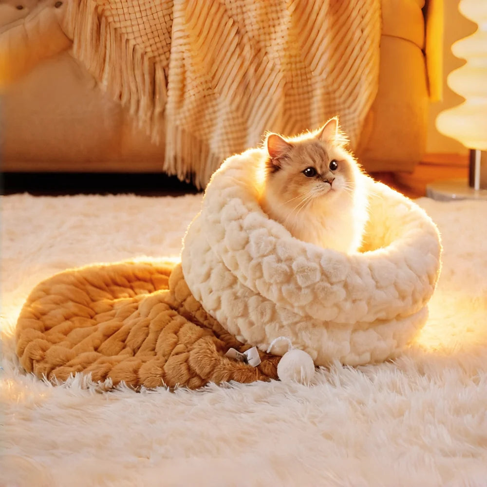 Enclosed Plush Cat Bed with Burrow Entry