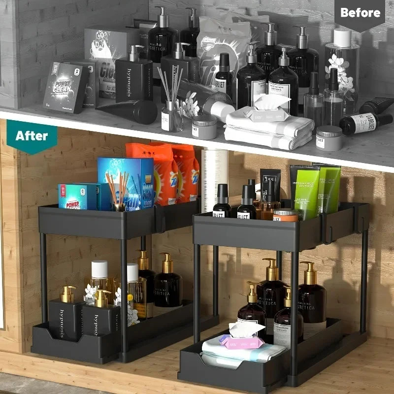 2-Tier Sliding Under Sink Organizer, Sliding Cabinet Basket with Hooks