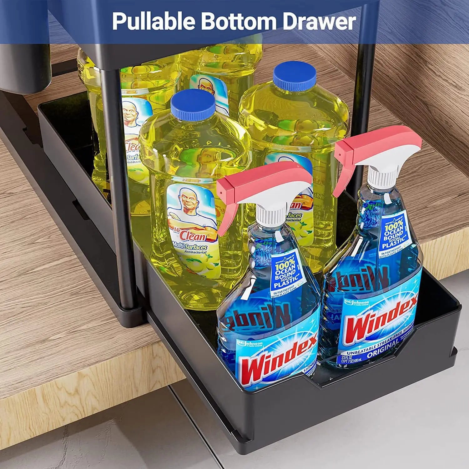 2-Tier Sliding Under Sink Organizer, Sliding Cabinet Basket with Hooks