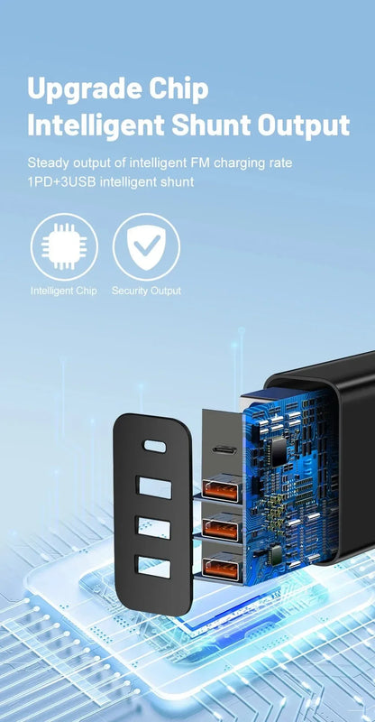 Total 60W USB C Charger Multi 4 Ports 3USB PD Type C Fast Charging Quick Charge Universal Travel Wall Power Adapter