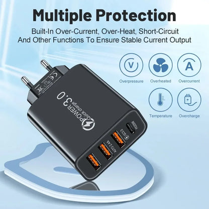 Total 60W USB C Charger Multi 4 Ports 3USB PD Type C Fast Charging Quick Charge Universal Travel Wall Power Adapter